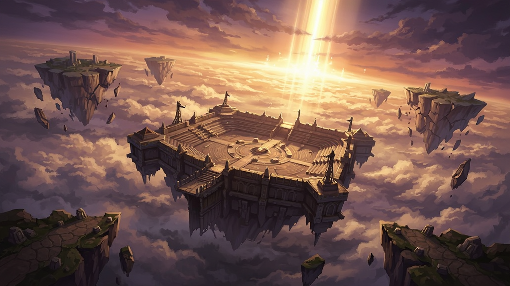 混沌之戒1游戏场景原画,画面展示悬浮在空中的方舟竞技场全景,四周是翻滚的云海与破碎的浮岛,远处有巨大的光柱直冲云霄,整体风格为奇幻史诗,色调以金橙与深紫为主,画质宏大干净,无多余元素