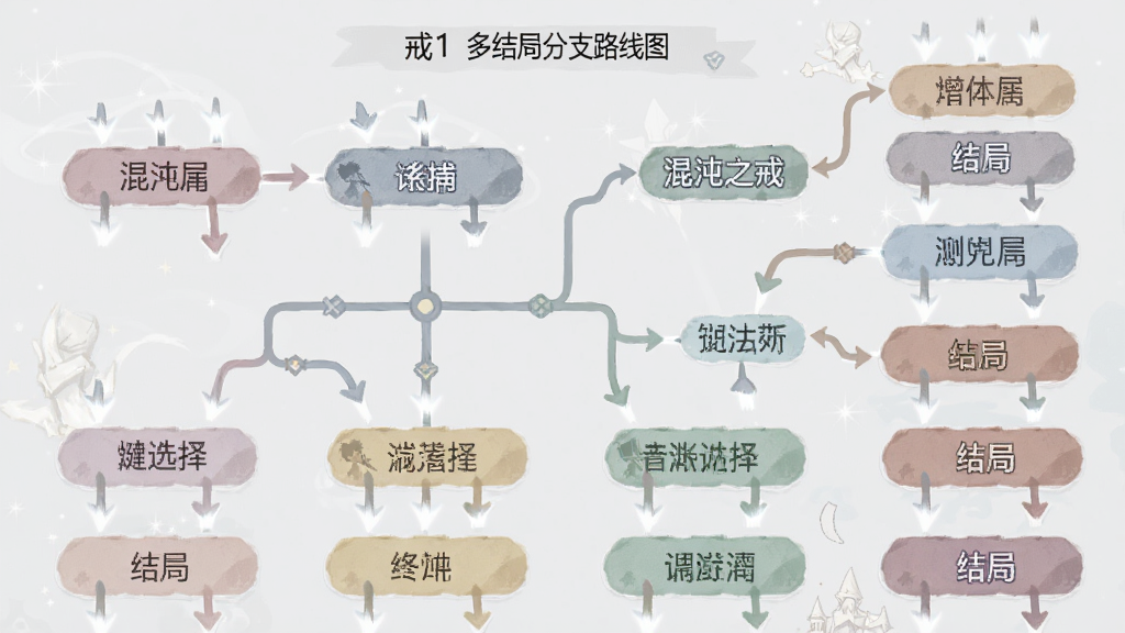 混沌之戒1多结局分支路线图,画面以树状图形式展示不同剧情走向,节点处标注关键选择与结局名称,整体布局清晰简洁,风格为信息图表式设计,色调柔和,画质干净,无多余元素