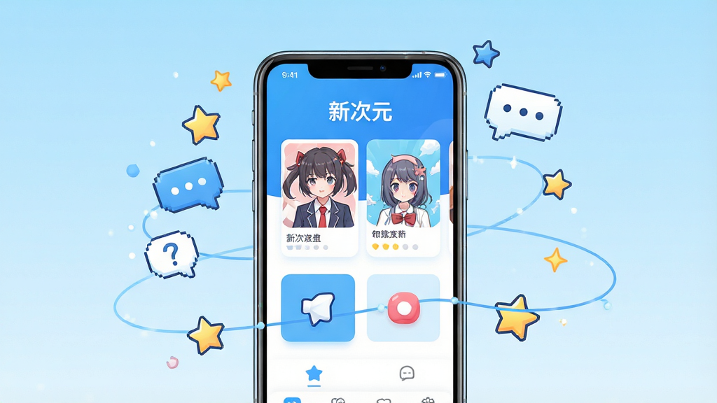 整体画面以明亮蓝色与白色为主色调,中央放置一部智能手机,手机屏幕显示“新次元”APP主界面,界面中包含动漫人物卡片与趣味互动图标,手机周围环绕着星星、对话框与卡通小元素,背景为简洁的渐变浅蓝色,排版居中对称,风格清新活泼,细节上手机边缘有轻微反光,画面干净整洁无多余杂物,画质高清,适合软件下载站展示
