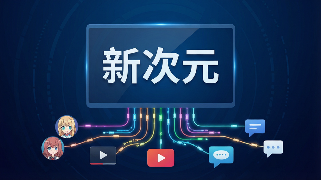 画面中央是一块悬浮的虚拟屏幕,屏幕上显示“新次元”三个大字,屏幕下方延伸出多条彩色数据线连接着动漫头像、视频播放按钮与聊天气泡图标,背景为深蓝色科技感渐变,排版呈放射状,风格现代简约,细节上数据线带有微光效果,画质清晰,画面干净无多余元素