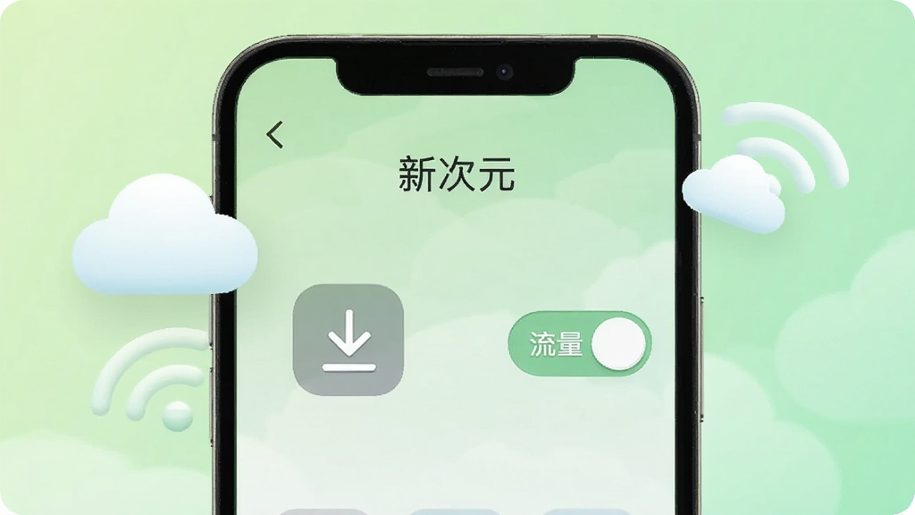 画面中央是一部手机,手机屏幕显示“新次元”离线缓存界面,屏幕左侧有一个向下箭头的下载图标,右侧有一个流量节省开关按钮,手机旁边漂浮着云朵与WiFi信号图标,背景为浅绿色渐变,排版简洁直观,风格清新实用,细节上图标带有圆润边角,画质清晰,画面干净无多余装饰