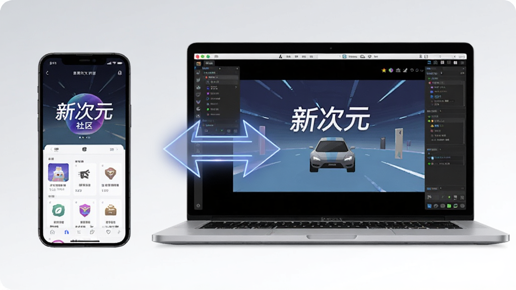 画面中央展示一部手机与一台笔记本电脑并排摆放,手机屏幕显示“新次元”社区界面,电脑屏幕显示模拟器运行“新次元”的画面,两者之间有一个双向箭头连接,背景为浅灰色与白色渐变,排版左右对称,风格简约科技,细节上箭头带有微光,画质高清,画面干净无多余元素