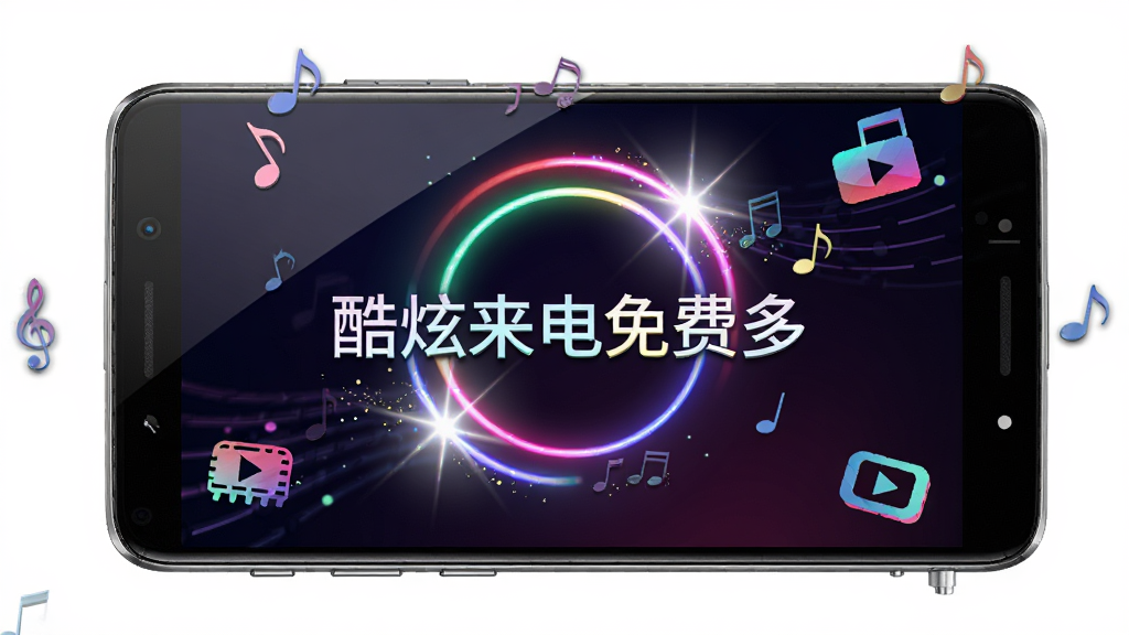 主体是一部安卓智能手机,屏幕显示炫酷动态来电秀界面,画面中央有彩色霓虹灯效和动感光晕,背景为深色渐变,手机周围漂浮着音乐符号和视频播放图标,布局居中对称,风格为科技潮流感,细节包括手机边框金属质感、屏幕高光和粒子特效,画质高清,干净,无多余元素,屏幕中显示文字“酷炫来电免费多”