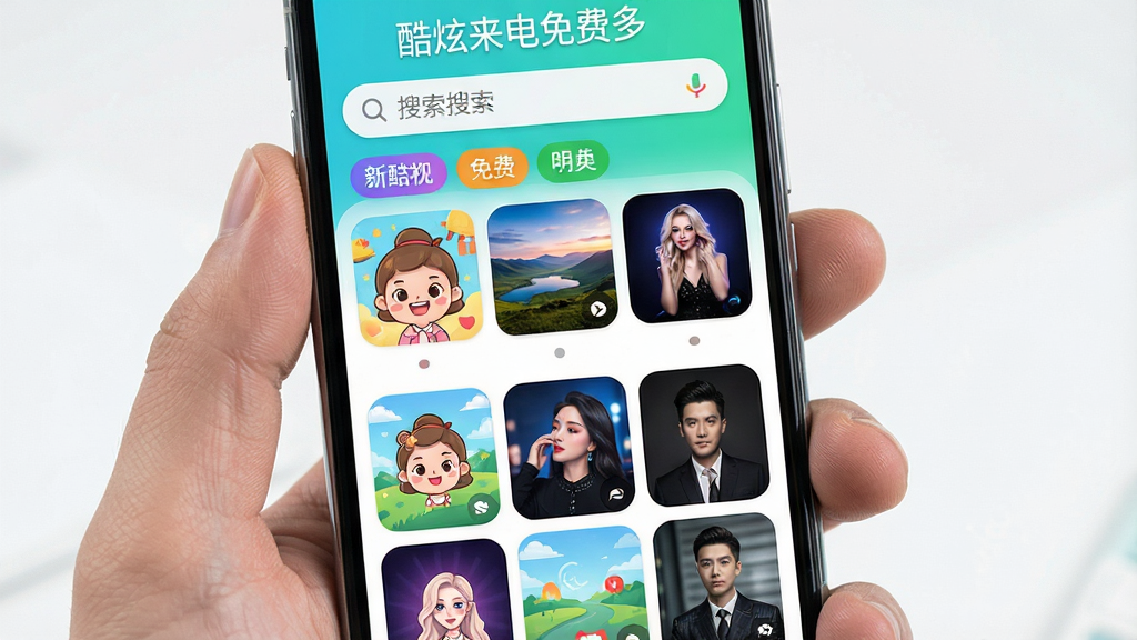 主体是一部智能手机展示酷炫来电免费多软件界面,界面中排列着多个动态来电秀视频缩略图,包含卡通、风景、明星等分类标签,布局为上下结构,上方是搜索栏,下方是瀑布流素材展示,风格清新明快,细节包括缩略图圆角、分类标签彩色高亮、手机握持手势,画质高清,干净,无多余元素,屏幕中显示文字“酷炫来电免费多”
