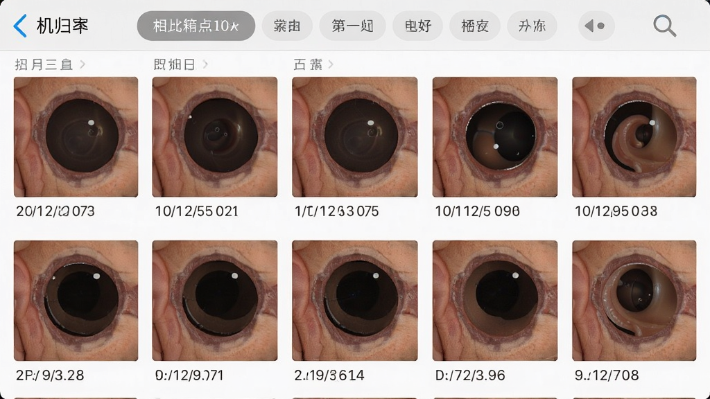 一张手机相册界面的截图风格图片,画面中展示多张耳道内窥照片按日期排列,每张缩略图清晰可见,顶部有相册分类标签,背景为浅色手机界面,布局为网格状,风格为移动应用界面展示,细节上体现照片的清晰度与归档逻辑,画质高清、干净、无多余元素,图片中不出现文字。