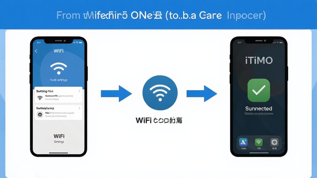 一张连接引导示意图,画面展示手机从WiFi设置界面切换到iTiMO应用界面的过程,用箭头和图标表示操作步骤,背景为简洁的蓝白配色,布局为横向流程图,风格为扁平化UI设计,细节上突出连接成功的提示图标,画质高清、干净、无多余元素,图片中不出现文字。