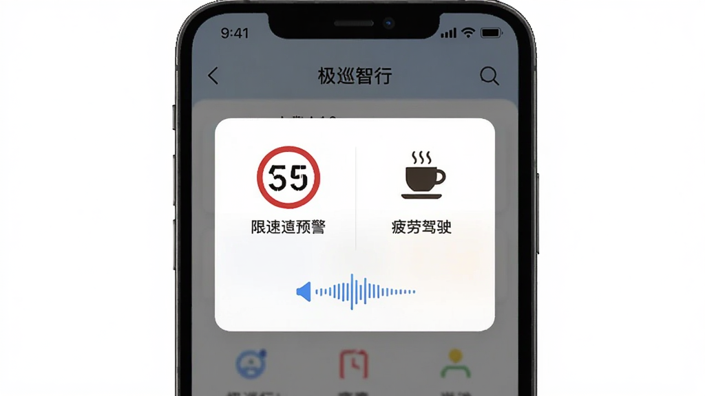 极巡智行安全提醒功能界面,主体为手机屏幕显示限速预警弹窗与疲劳驾驶提示,布局居中,排版清晰,风格为简约商务风,细节包括限速数字图标、咖啡杯休息图标、语音播报波形,画质干净无多余元素