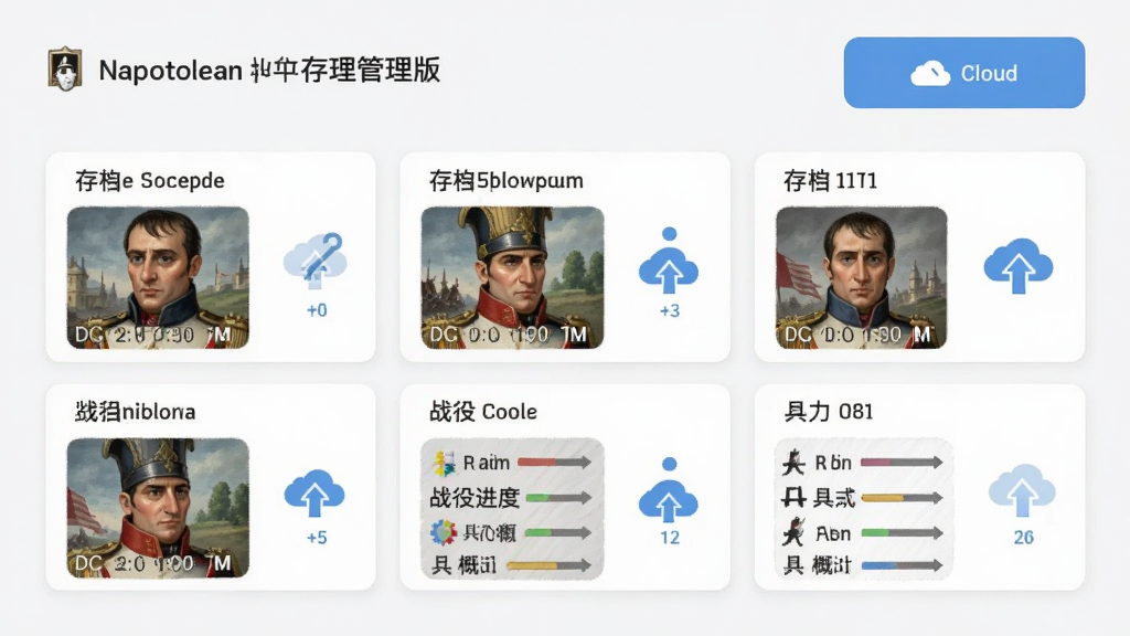 主体是拿破仑战争中文版(加强版)的存档管理界面,布局为卡片式存档槽与云同步按钮,排版简洁,风格为现代扁平化,细节包括存档时间、战役进度、兵力概览与云端图标,画质清晰,干净,无多余元素