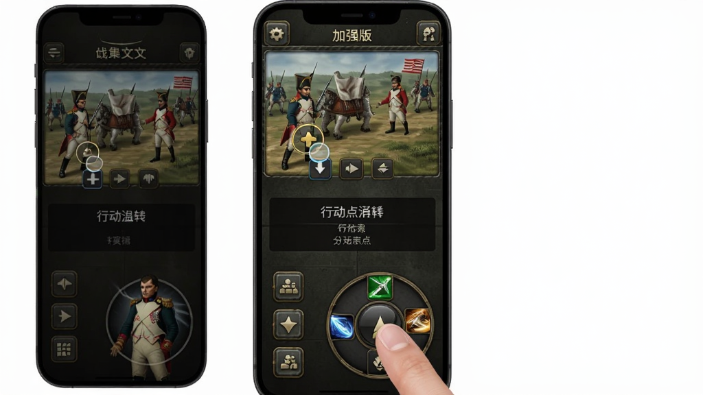 主体是拿破仑战争中文版(加强版)的手机操作界面,布局为竖屏触控按钮与战场缩略图,排版为上下分栏,风格为暗色军事UI,细节包括手指点击单位、行动点消耗提示与技能轮盘,画质清晰,干净,无多余元素