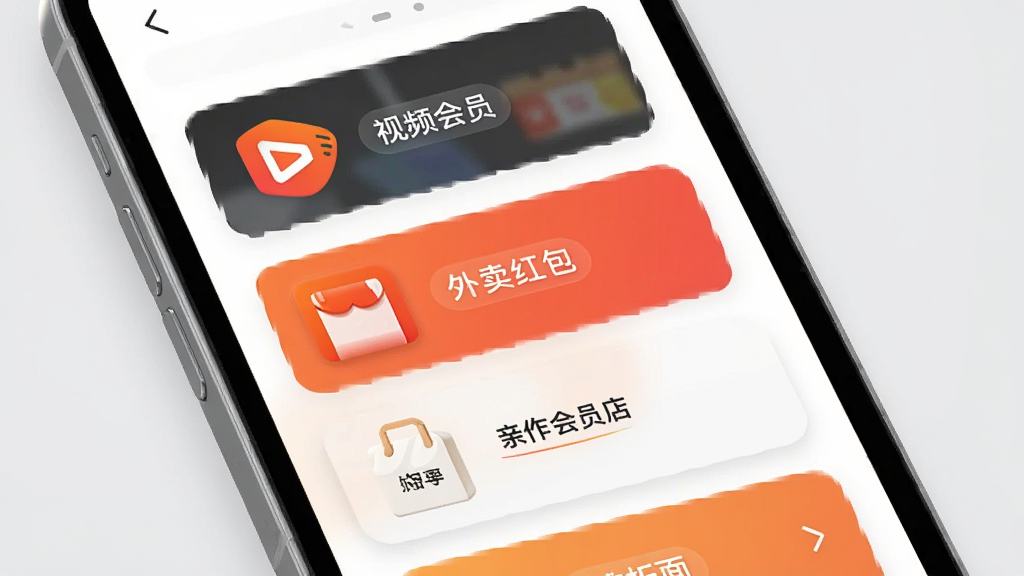 一款名为亲作会员店的手机应用展示会员权益聚合页面,主体为手机屏幕特写,屏幕内以卡片形式排列视频会员、外卖红包、购物折扣等权益图标,布局为纵向列表,风格简洁现代,细节上卡片带有圆角和轻微阴影,背景为浅灰色,画质清晰,干净无多余元素