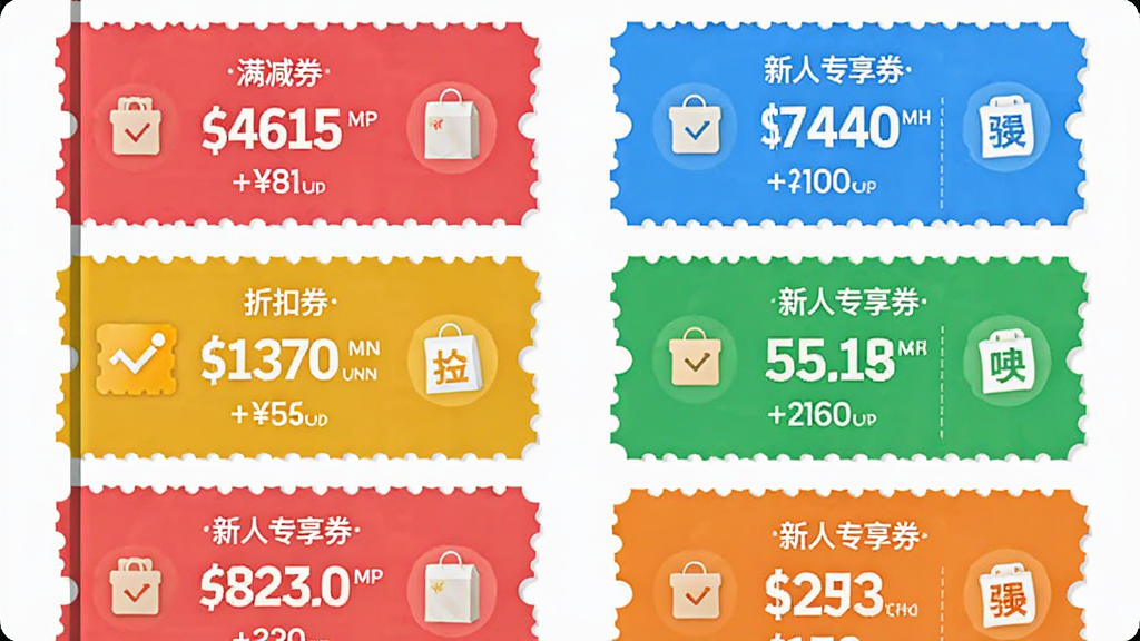 亲作会员店APP优惠券领取页面预览图,主体为手机界面,屏幕内显示多张不同颜色的优惠券卡片,包含满减券、折扣券、新人专享券等,布局为两列网格排列,风格活泼明快,细节上优惠券带有锯齿边和金额数字,背景为白色,画质高清,干净整洁