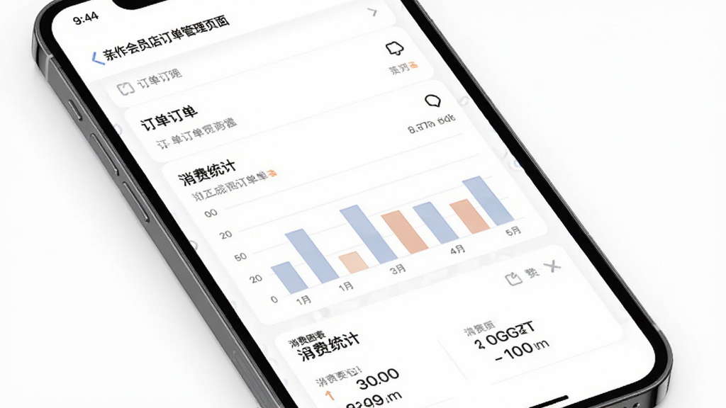 亲作会员店订单管理页面展示图,主体为手机界面,屏幕内显示订单列表和消费统计图表,包含柱状图和数字汇总,布局为上下结构,风格商务简洁,细节上图表颜色柔和、数据清晰,背景为白色,画质高清,干净无多余元素