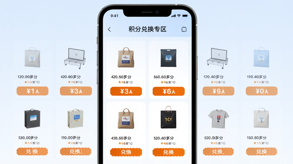 亲作会员店积分兑换商城界面图,主体为手机屏幕,屏幕内展示积分兑换专区,包含商品缩略图、所需积分数字和兑换按钮,布局为网格状,风格简约清爽,细节上积分数字用醒目的橙色标注,背景为淡蓝色渐变,画质清晰,无杂乱元素
