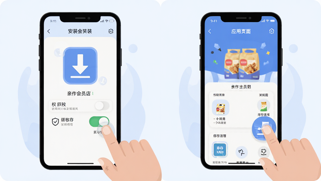 亲作会员店APP安装与使用教程示意图,主体为手机屏幕和手指点击操作的组合画面,布局为左侧手机展示安装界面、右侧展示应用主界面,风格扁平化插画风,细节上包含下载箭头、权限开关、缓存清理图标等元素,背景为浅色,画质清晰,干净整洁