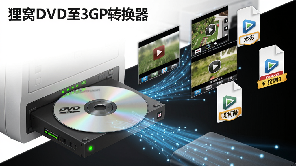 软件名称“狸窝DVD至3GP转换器”出现在画面左上角,主体是一张DVD光盘正在被吸入电脑光驱,旁边悬浮着多个视频文件缩略图,布局为对角线构图,排版左重右轻,风格为写实科技感,细节包括光驱指示灯、数据流光效、文件格式标签,画质清晰,干净,无多余元素