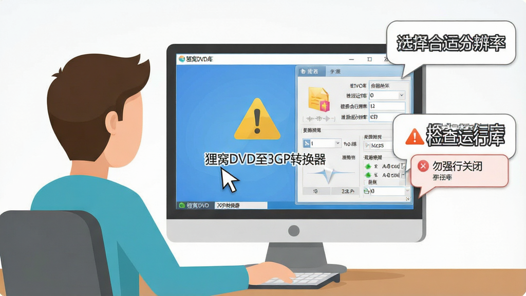 软件名称“狸窝DVD至3GP转换器”出现在画面中央的电脑屏幕上,主体是一个用户正在操作软件,旁边有提示气泡写着“检查运行库”“选择合适分辨率”“勿强行关闭”,布局为左右结构,左侧是人物,右侧是软件界面和提示文字,排版清晰,风格为扁平化插画风,细节包括鼠标指针、警告图标、参数面板,画质清晰,干净,无多余元素