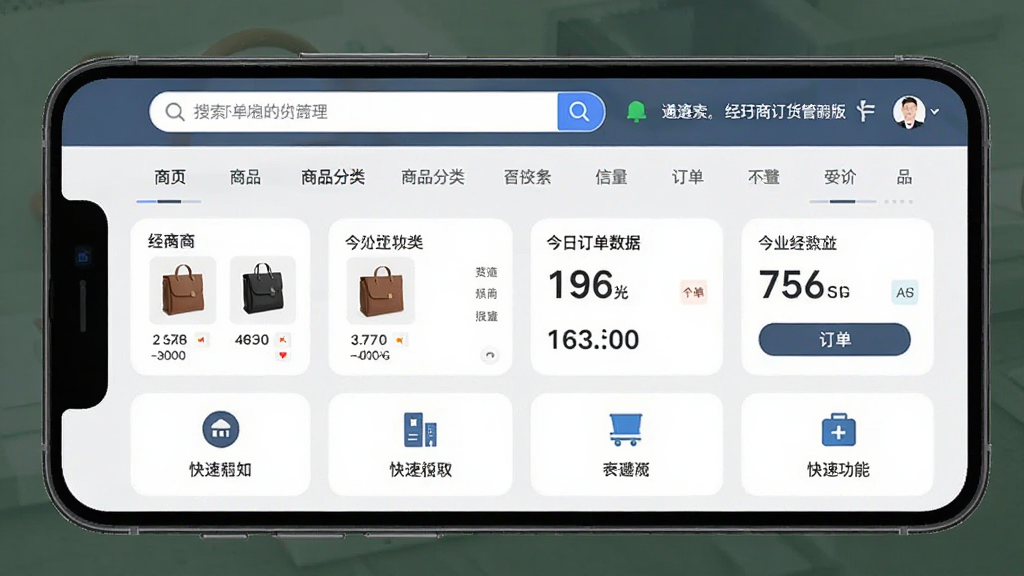 惠下单经销商版软件主界面全貌展示,主体为一部智能手机屏幕显示经销商订货管理后台首页,布局上方为搜索栏与通知栏,中部为商品分类导航与今日订单数据卡片,下方为快捷功能入口,排版整齐清晰,风格为现代商务扁平化设计,细节包含商品缩略图、订单数字、按钮图标,画质清晰干净无多余元素