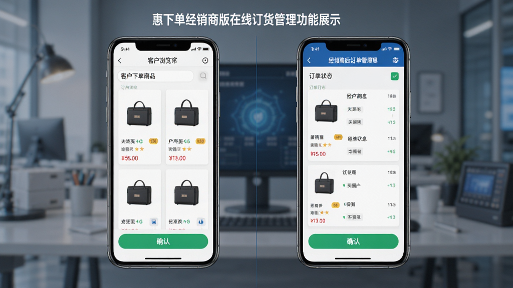惠下单经销商版在线订货管理功能展示,主体为手机屏幕分屏对比,左侧显示客户浏览商品下单界面,右侧显示经销商后台订单管理列表,布局为左右分栏,排版清晰有层次,风格为商务科技感,细节包含商品图片、价格标签、订单状态标识、确认按钮,画质清晰干净无多余元素