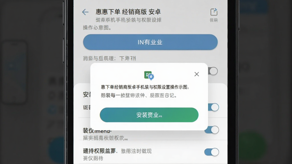惠下单经销商版安卓手机安装与权限设置操作示意图,主体为手机屏幕展示安装界面与权限授权弹窗,布局为上下排列展示安装步骤与权限列表,排版简洁明了,风格为手机系统UI风格,细节包含安装按钮、权限开关、提示文字,画质清晰干净无多余元素