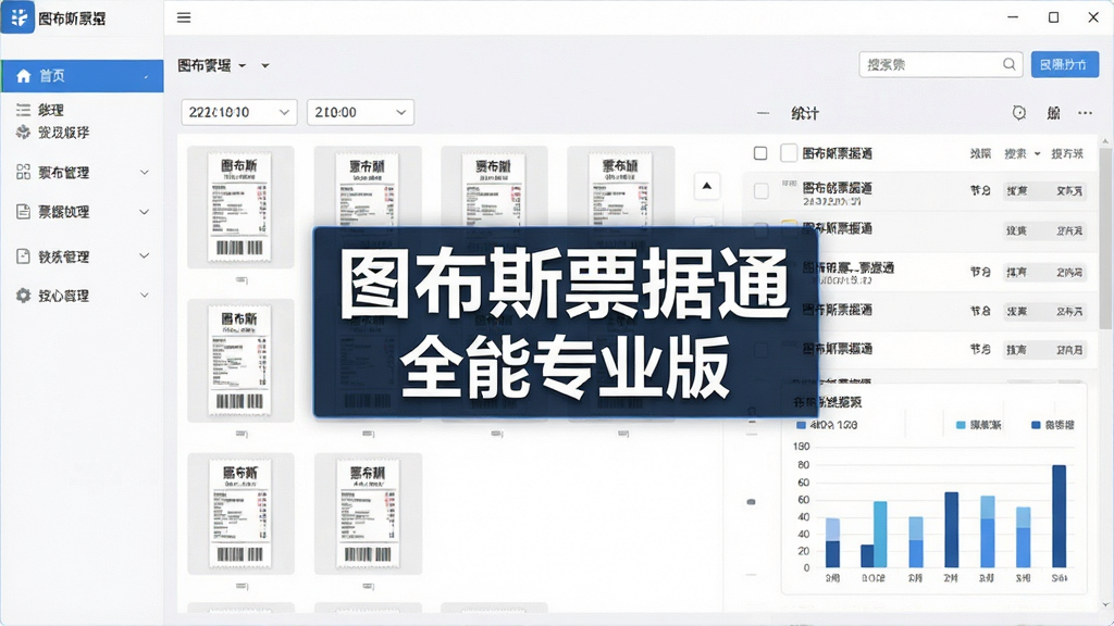 图布斯票据通 全能专业版软件主界面全景展示,主体为整洁的票据管理仪表盘,左侧为功能导航栏,右侧为票据列表与统计图表,画面中央突出软件名称“图布斯票据通 全能专业版”,布局清晰,排版采用现代扁平化设计风格,细节包含票据缩略图、日期筛选器、搜索框,画质高清,干净无多余元素