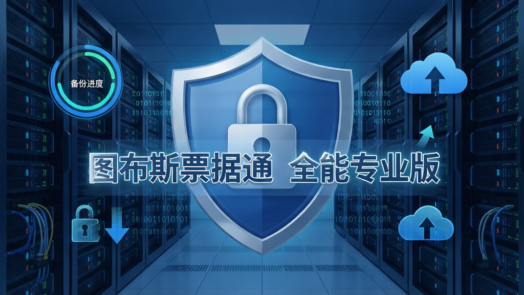 图布斯票据通 全能专业版数据安全界面,主体为盾牌图标与加密锁符号,背景为服务器机房抽象线条,画面中央显示“图布斯票据通 全能专业版”字样,布局为居中对称式,风格为安全科技风,细节包含备份进度环、云同步箭头、加密二进制代码,画质高清,干净无多余元素