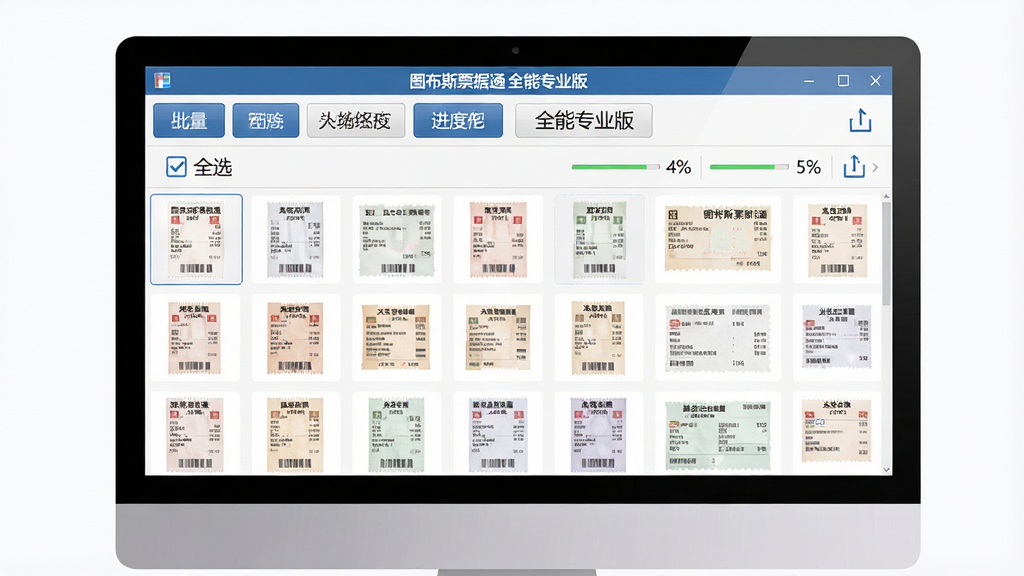 图布斯票据通 全能专业版批量处理界面,主体为电脑屏幕显示多张票据缩略图网格,顶部有批量操作按钮栏,画面中嵌入软件名称“图布斯票据通 全能专业版”,布局为上下结构,上方为功能按钮区,下方为票据缩略图阵列,风格简洁高效,细节包含全选复选框、进度百分比、导出图标,画质高清,干净无多余元素