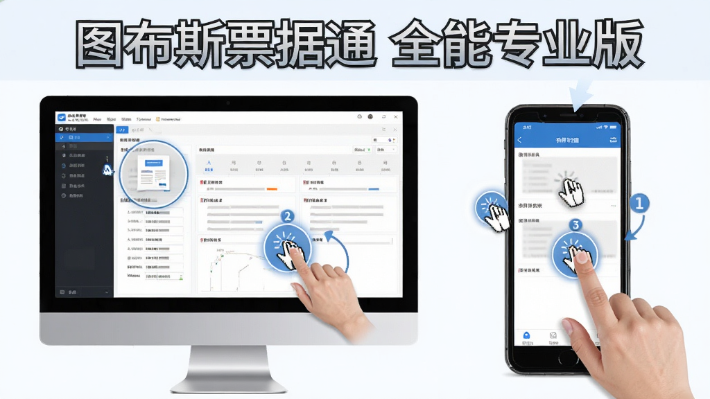 图布斯票据通 全能专业版新手操作示意图,主体为电脑屏幕显示软件界面与手机屏幕显示移动端界面并排展示,画面中标注“图布斯票据通 全能专业版”名称,布局为左右对比式,风格为教程指导风,细节包含鼠标点击高亮、手指触摸图标、步骤数字序号,画质清晰,干净无多余元素