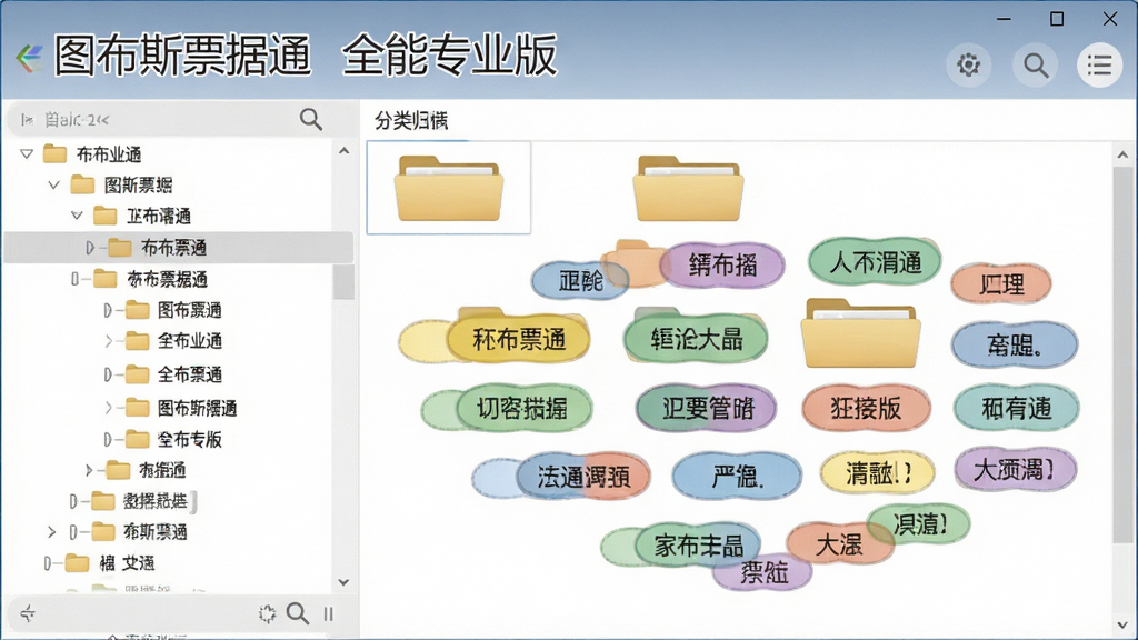 图布斯票据通 全能专业版分类归档界面,主体为树状文件夹结构与标签云面板,画面中清晰展示“图布斯票据通 全能专业版”名称,布局采用左侧树状导航加右侧标签云的双栏设计,风格为清爽办公风,细节包含彩色标签、文件夹图标、搜索放大镜,画质清晰,干净无多余元素