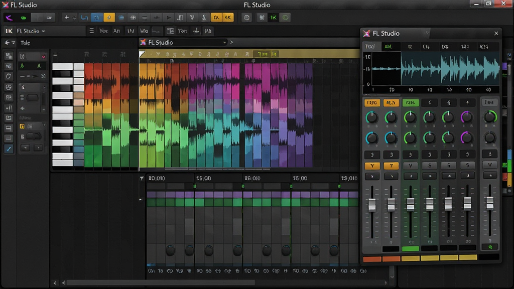 一张展示 FL Studio 软件标志性界面的高清图片,画面主体为深色主题的音乐制作软件工作区,中心位置是多彩的钢琴卷帘窗和步进音序器,右侧悬浮着混音台面板,界面中带有“FL Studio”字样的标题栏清晰可见,布局排版整齐专业,风格为现代科技感与音乐艺术结合,细节包括波形图、旋钮、推子等元素,画质为4K超清,画面干净,无多余杂乱元素