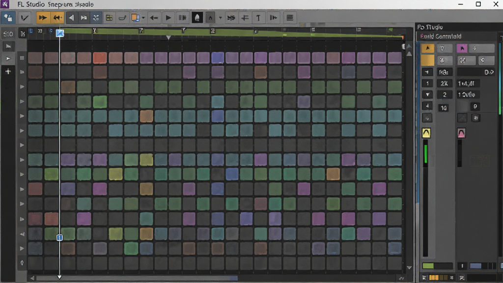 一张 FL Studio 软件中步进音序器特写界面的图片,画面主体是排列整齐的彩色方块按钮,代表不同的鼓点音符,背景为深灰色软件界面,布局展示出清晰的节奏网格,风格为专业音乐制作软件截图,细节包括高亮的播放指针和通道机架,画质清晰,干净,无多余元素