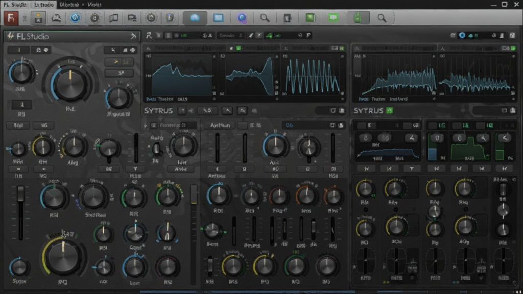 一张展示 FL Studio 软件内合成器插件界面的图片,画面主体是复杂的旋钮和波形显示屏,背景为深色软件主题,布局呈现专业的音频参数调节面板,风格为高科技音乐制作工具,细节包括“Sytrus”字样和丰富的调制矩阵,画质高清,干净,无多余元素