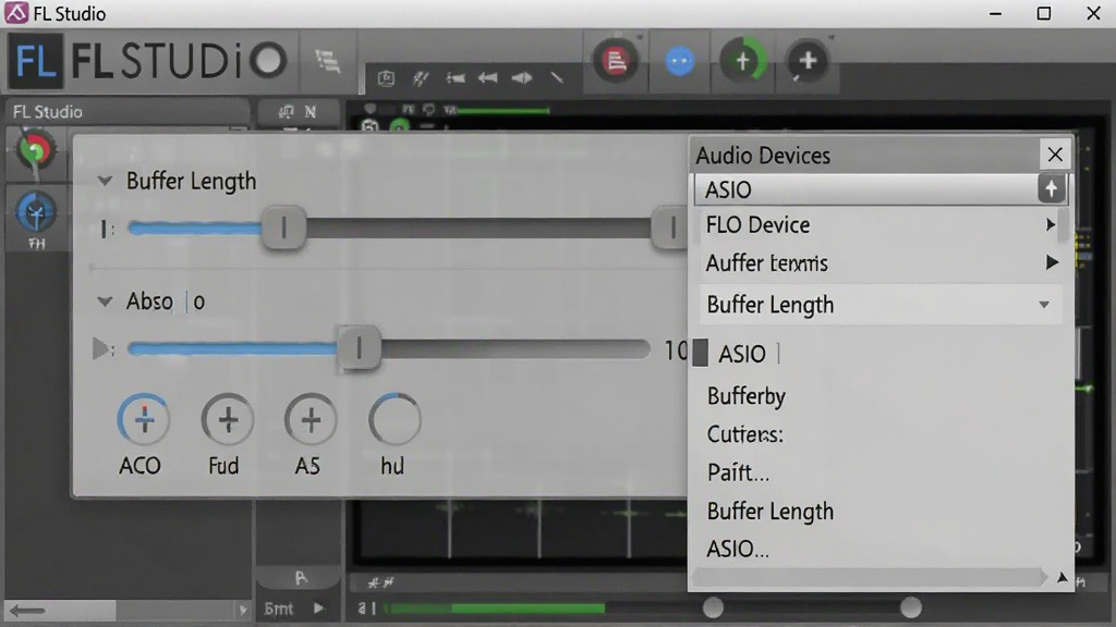 一张展示 FL Studio 软件音频设置界面的图片,画面主体是缓冲区长度调节滑块和音频设备选择菜单,背景为深色软件窗口,布局清晰展示出驱动选项,风格为专业音频软件操作截图,细节包括“Buffer Length”和“ASIO”字样,画质清晰,干净,无多余元素