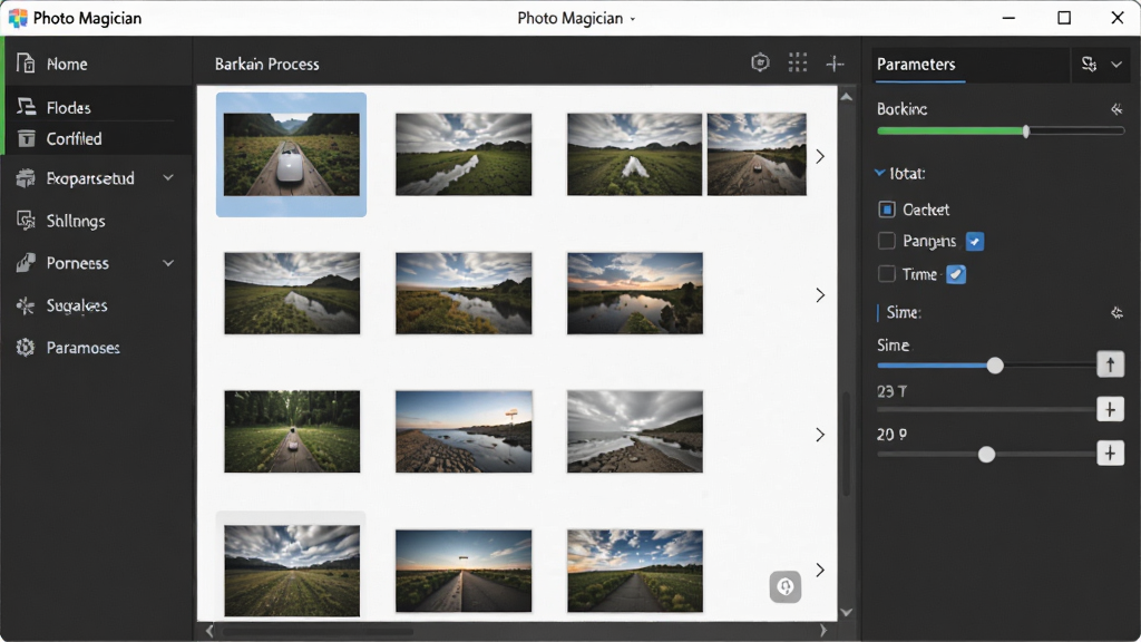 һ��չʾ Photo Magician ���������ͼƬ�����������������ڣ�����Ϊ��๦�ܲ˵������м�ͼƬ�б�Ԥ�������Ҳ����������壬�Ű��������࣬���Ϊ�ִ���Լ������������ƣ�ϸ�ڰ���������������������ʽת��ѡ��ߴ�������飬���ʸ��壬�ɾ����޶���Ԫ��