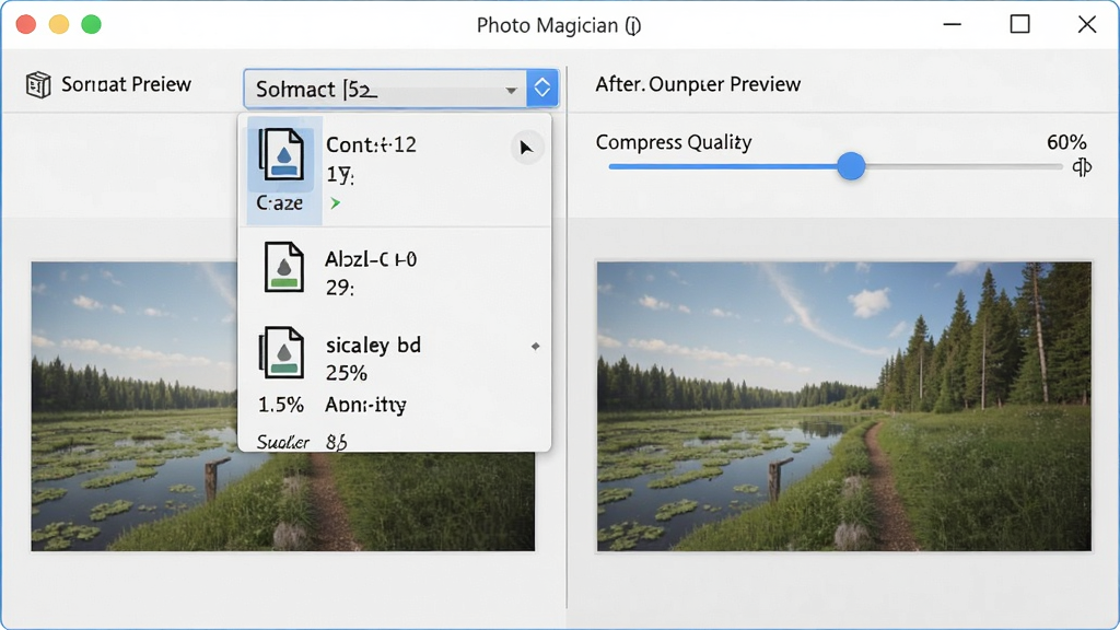 һ��չʾ Photo Magician ��ʽת�����ܵ�ͼƬ��������������������ʾ��ʽѡ�������˵���ѹ���������ڻ��飬����Ϊ���ԭͼԤ�����Ҳ�ת����Ԥ���Աȣ��Ű�Ϊ���½ṹ�����Ϊ������˵Ĺ����������棬ϸ�ڰ�����ʽͼ�ꡢ�ļ���С�Ա����֡������ٷֱȣ����ʸ��壬�ɾ����޶���Ԫ��