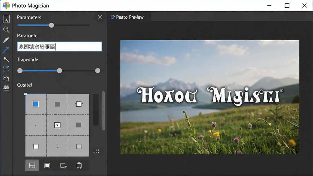 һ��չʾ Photo Magician ˮӡ���ӹ��ܵ�ͼƬ��������������������ʾˮӡ��������ͼƬԤ��Ч��������Ϊ���������������Ҳ�ʵʱԤ�������Ű�Ϊ���ҷ��������Ϊרҵͼ�������߽��棬ϸ�ڰ���ˮӡ���������͸���Ȼ��顢λ�þŹ���ѡ���������ʸ��壬�ɾ����޶���Ԫ��