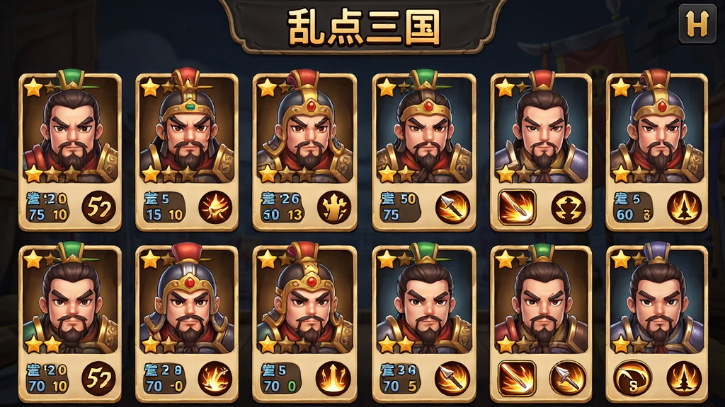 三国题材手机游戏武将收集界面展示,主体为多位Q版三国武将卡牌排列,布局为网格状卡牌展示,排版整齐清晰,风格为卡通渲染,细节包含武将头像、星级标识、属性数值和技能图标,画质高清、干净、无多余元素,画面顶部带有“乱点三国”文字
