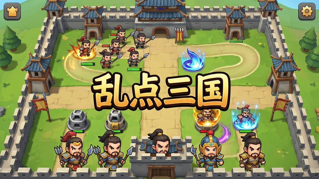 一款以三国为背景的手机策略塔防游戏画面,主体为古代城池攻防场景,布局上方为敌军进攻路线,下方为我方武将和防御塔排列,排版清晰展示游戏主界面,风格为Q版卡通渲染,细节包含城墙、箭塔、三国武将立绘和技能特效,画质高清、干净、无多余元素,图片中央带有“乱点三国”文字标题
