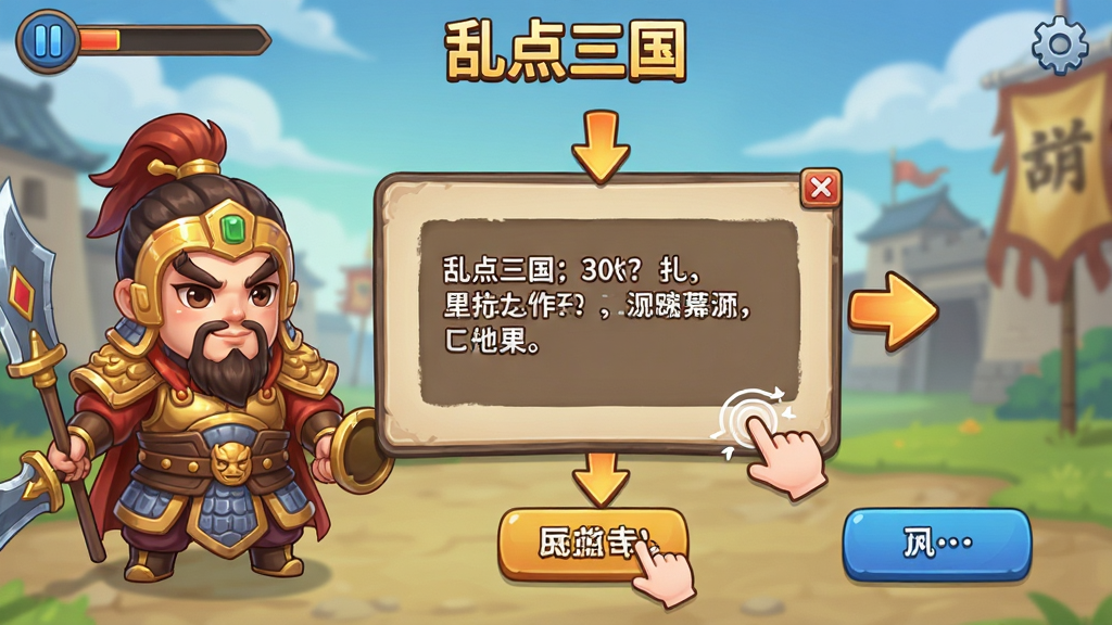 手机游戏新手引导界面截图,主体为Q版三国武将向玩家展示操作指引,布局为屏幕中央对话框和箭头指示,排版清晰展示按钮位置,风格为卡通渲染,细节包含武将立绘、文字提示框和手指点击图标,画质高清、干净、无多余元素,画面中带有“乱点三国”文字
