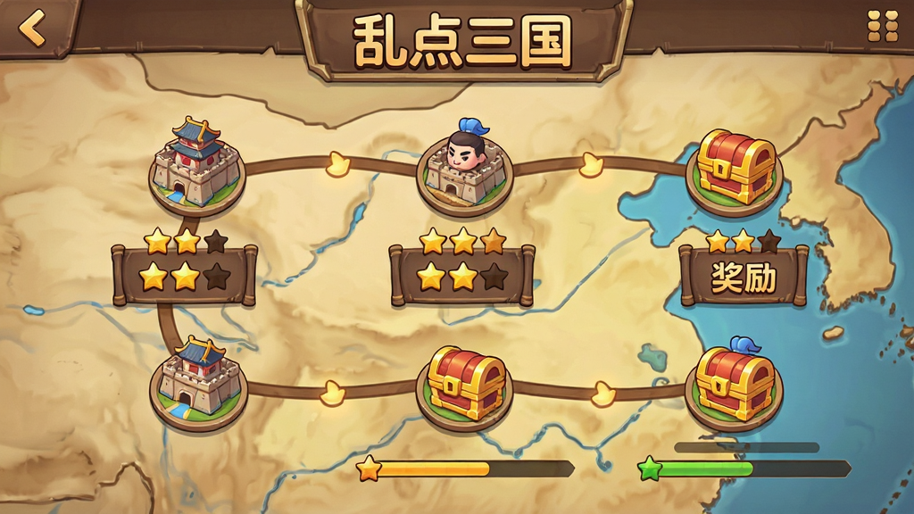 手机游戏关卡选择界面展示,主体为三国地图风格的章节选择页面,布局为多个关卡节点串联在地图上,排版清晰展示关卡星级和奖励预览,风格为Q版卡通,细节包含城池图标、宝箱、星星评价和进度条,画质高清、干净、无多余元素,画面顶部带有“乱点三国”文字