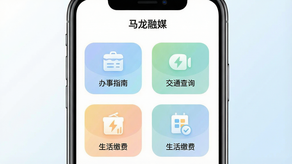 一张表现便民服务功能聚合的手机应用界面图,主体为一部智能手机正视图,屏幕中展示“马龙融媒”的服务板块,包含办事指南、交通查询、生活缴费等图标网格,布局为四列图标排列,排版整齐,风格为清爽浅色系UI设计,细节上图标带有圆角矩形底色、文字标签清晰,背景为纯白至淡蓝的柔和渐变,画质高清,无多余装饰