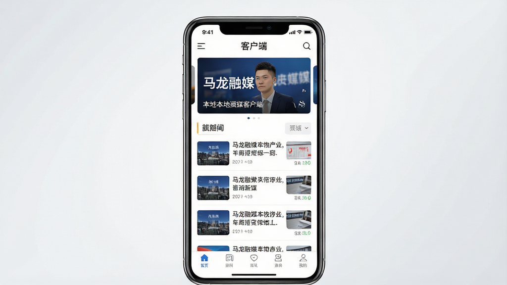 一张手机屏幕展示本地新闻资讯APP界面的图片,主体为一部竖屏智能手机,屏幕中显示“马龙融媒”客户端首页,页面布局包含顶部轮播图、中部新闻列表和底部导航栏,排版清晰整洁,风格为现代简约扁平化设计,细节上屏幕内文字清晰可辨、图标精致,背景为干净的浅灰色渐变,画质高清,无多余元素