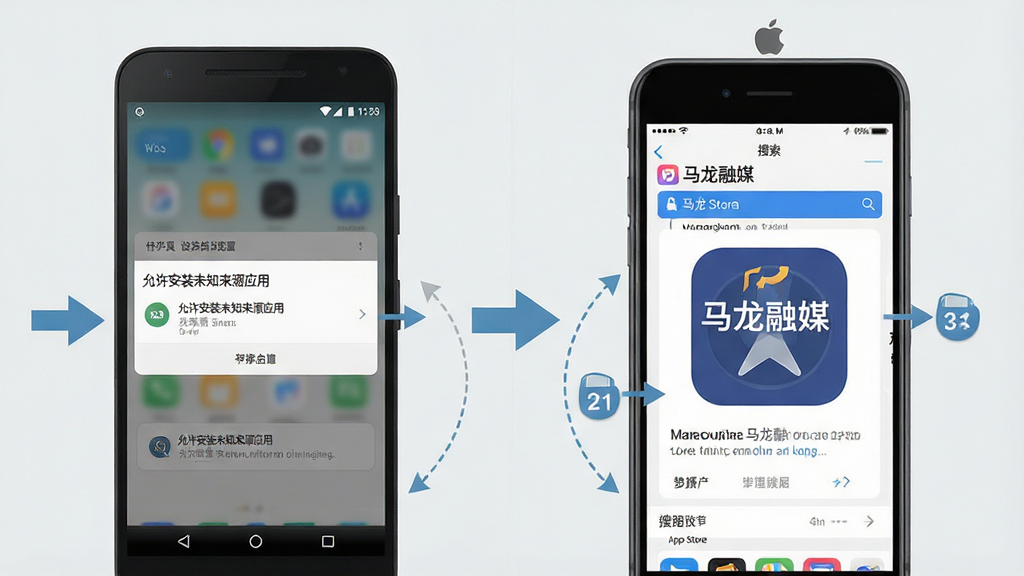 一张手机应用安装与设置引导示意图,主体为一部安卓手机和一部苹果手机并排展示,左侧安卓手机屏幕显示“允许安装未知来源应用”的设置界面、右侧苹果手机显示App Store搜索“马龙融媒”的页面,布局左右对称,排版清晰,风格为扁平化教程插图,细节上带有箭头指示和步骤编号,背景为浅灰色,画质干净,无多余元素