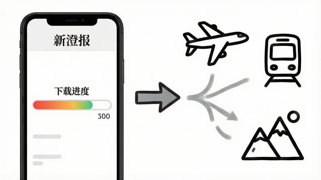 一幅表现新澄报离线阅读功能的示意图,画面左侧是一部手机显示下载进度条,右侧是飞机、地铁、山区等无网络场景的简笔画图标,中间用箭头连接表示文章从云端下载到本地。布局为左右对比式,风格为简约信息图,细节包括进度条的渐变色彩和场景图标的线条粗细统一。画质为高清,干净无多余元素,画面中手机屏幕内可见