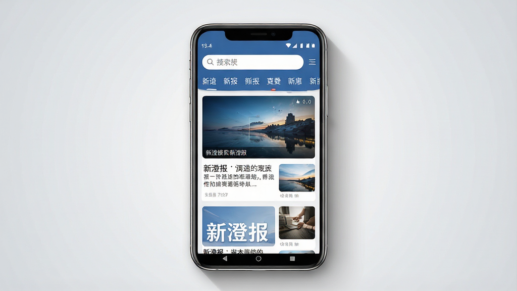 一张展示新澄报应用主界面的手机屏幕截图,画面中央是一部竖屏安卓手机,手机屏幕上显示着新澄报的新闻列表页面,顶部有搜索栏和频道分类标签,下方是图文混排的新闻卡片,整体布局清晰简洁。背景为浅灰色渐变,手机周围有轻微的阴影效果,突出立体感。风格为现代科技感UI展示图,细节包括手机边框的金属质感、屏幕内文字的清晰可辨。画质为高清2K,干净无多余元素,画面中手机屏幕内可见