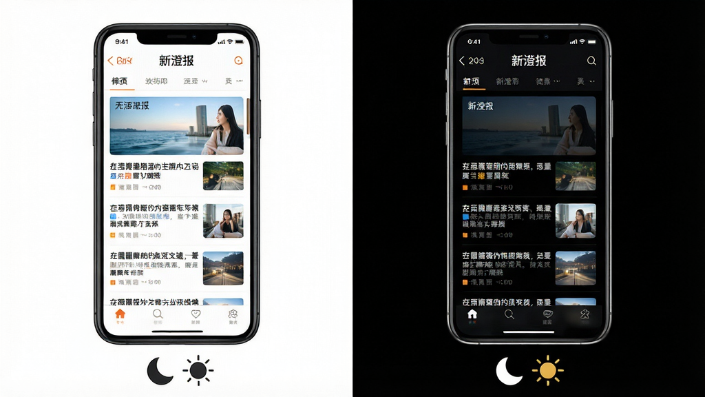 一张展示新澄报夜间模式效果的手机对比图,画面中并排放置两部手机,左侧手机显示白天模式下的新闻列表,右侧手机显示夜间模式下的同一页面,背景从白色变为深黑色。两部手机下方有月亮和太阳的图标作为指示。风格为产品功能对比展示图,细节包括两种模式下文字和图片的清晰度对比。画质为高清,干净无多余元素,屏幕内可见