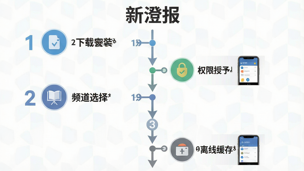 一幅展示新澄报新手使用流程的步骤图,画面从上到下依次排列五个步骤图标:下载安装、权限授予、频道选择、文章浏览、离线缓存,每个步骤配有简短的文字说明和对应的手机界面缩略图。布局为垂直时间轴式,风格为扁平化教程图解,细节包括步骤之间的箭头连接和每个步骤的数字编号。画质为高清,干净无多余元素,画面顶部可见