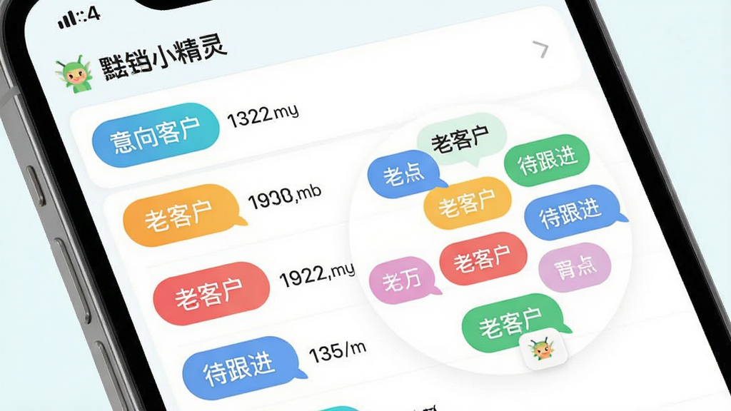 手机屏幕截图风格图片,展示“营销小精灵”客户标签管理页面,页面上有多个彩色标签如“意向客户”“老客户”“待跟进”等,每个标签旁边有对应人数,布局为列表加标签云混合排版,风格清新浅色,细节上标签有圆角,画质清晰干净,无多余元素