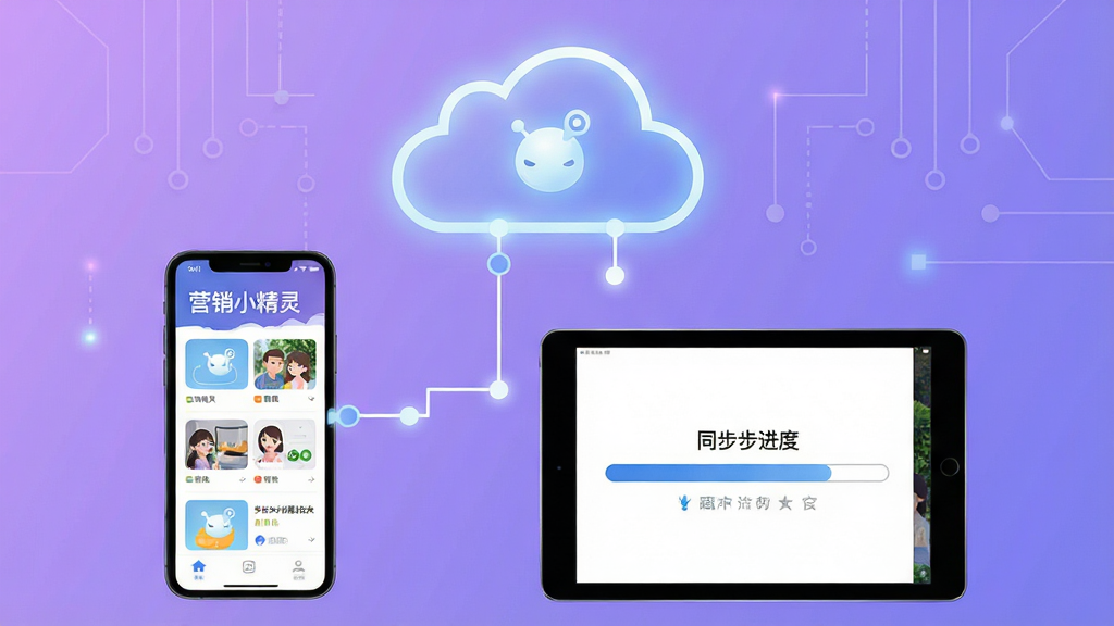 一张概念示意图,画面中央是一部手机和一台平板电脑通过云朵图标相连,手机屏幕显示“营销小精灵”素材列表,平板屏幕显示同步进度条,背景为淡紫色科技感渐变,风格扁平化插画,细节上云朵带有发光效果,画质清晰干净,无多余元素