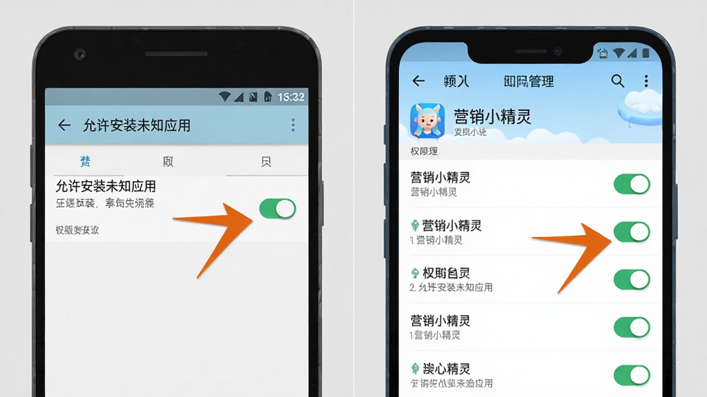 一张手机操作示意图,画面分为左右两部分,左侧展示安卓手机设置中“允许安装未知应用”的开关界面,右侧展示“营销小精灵”应用管理页面中的权限开关列表,背景为浅灰色,风格简洁说明图,细节上箭头指向关键开关位置,画质清晰干净,无多余元素