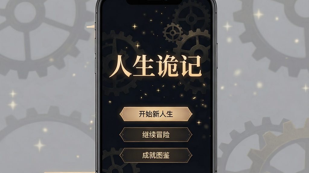 一幅竖版手机应用界面展示图,主体为“人生诡记”文字冒险游戏的主界面,布局采用深色背景搭配暖色文字,中央显示“人生诡记”四个大字,下方排列着“开始新人生”“继续冒险”“成就图鉴”三个按钮,风格为暗黑奇幻与简约文字风结合,细节包括背景中若隐若现的命运齿轮与星光粒子,画质清晰,干净,无多余元素